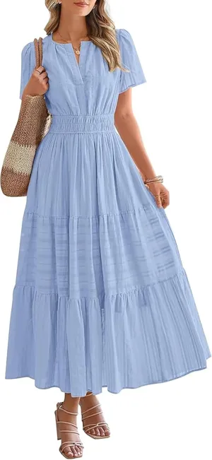 Women's Boho Floral Midi Dress Ruffle Hem Puffy Short Sleeve Summer Maxi Dress