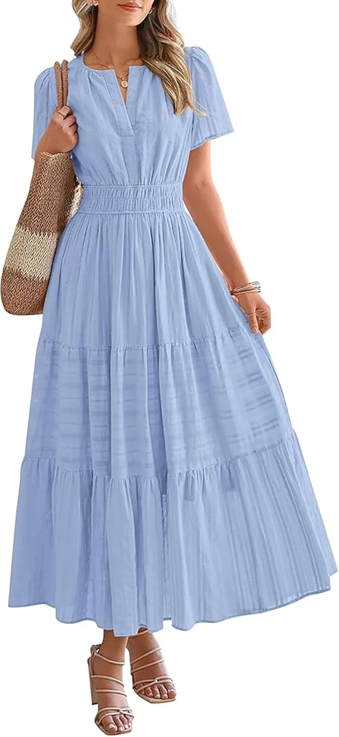 Women's Boho Floral Midi Dress Ruffle Hem Puffy Short Sleeve Summer Maxi Dress