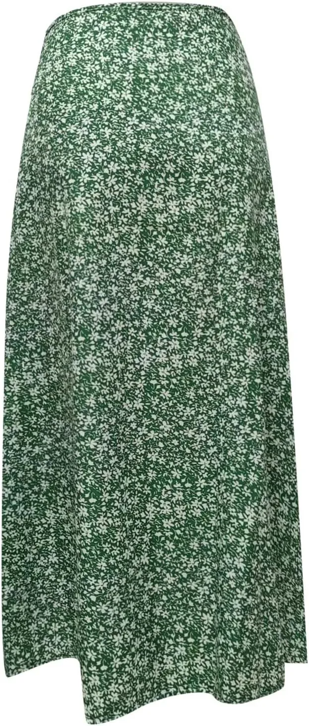 Womens Boho Floral Skirt with Slit Summer Beach Flowy Midi Skirts Sexy High Waisted A-Line Skirts Casual Wraps Skirt Dresses