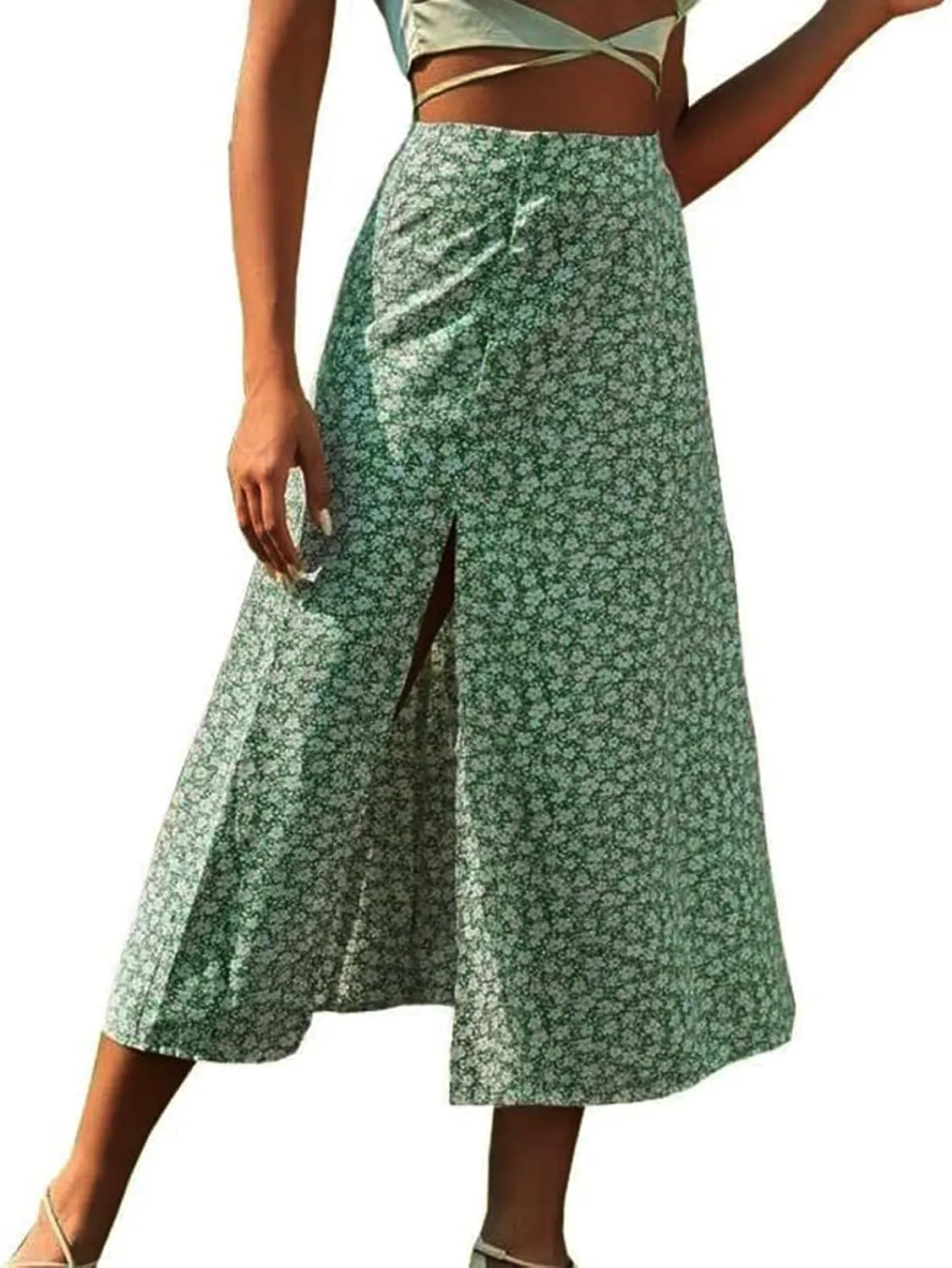 Womens Boho Floral Skirt with Slit Summer Beach Flowy Midi Skirts Sexy High Waisted A-Line Skirts Casual Wraps Skirt Dresses