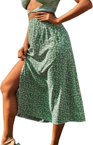 Womens Boho Floral Skirt with Slit Summer Beach Flowy Midi Skirts Sexy High Waisted A-Line Skirts Casual Wraps Skirt Dresses