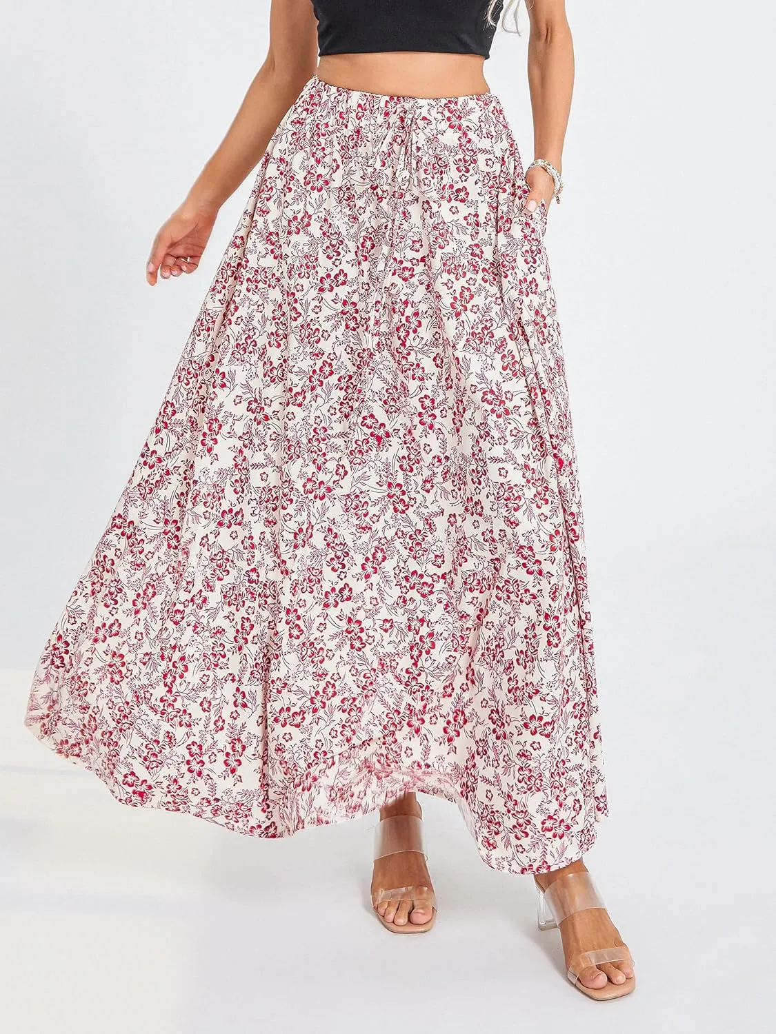 Women's Boho Flowy Maxi Skirt Summer Pleated High Waisted Casual Long Skirts with Pockets