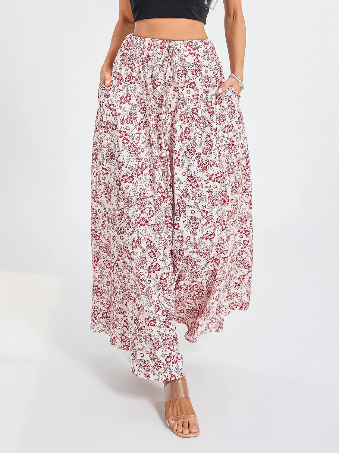 Women's Boho Flowy Maxi Skirt Summer Pleated High Waisted Casual Long Skirts with Pockets