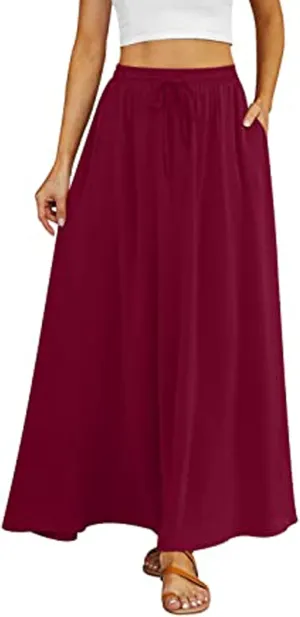 Women's Boho Flowy Maxi Skirt Summer Pleated High Waisted Casual Long Skirts with Pockets