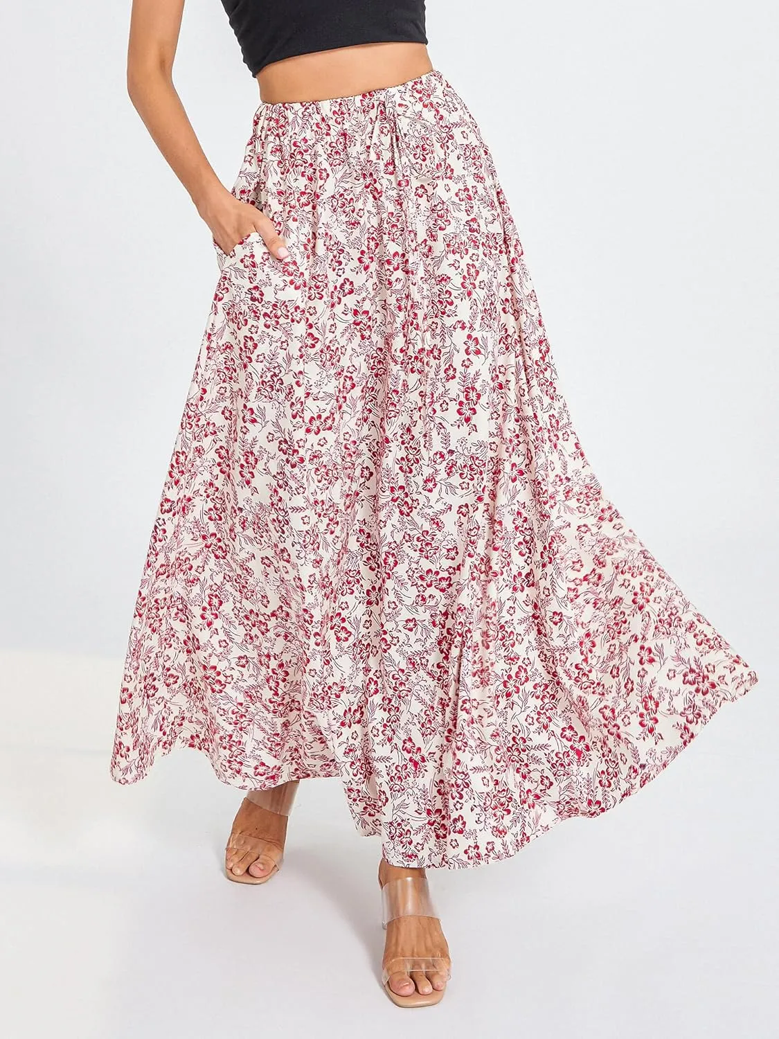Women's Boho Flowy Maxi Skirt Summer Pleated High Waisted Casual Long Skirts with Pockets