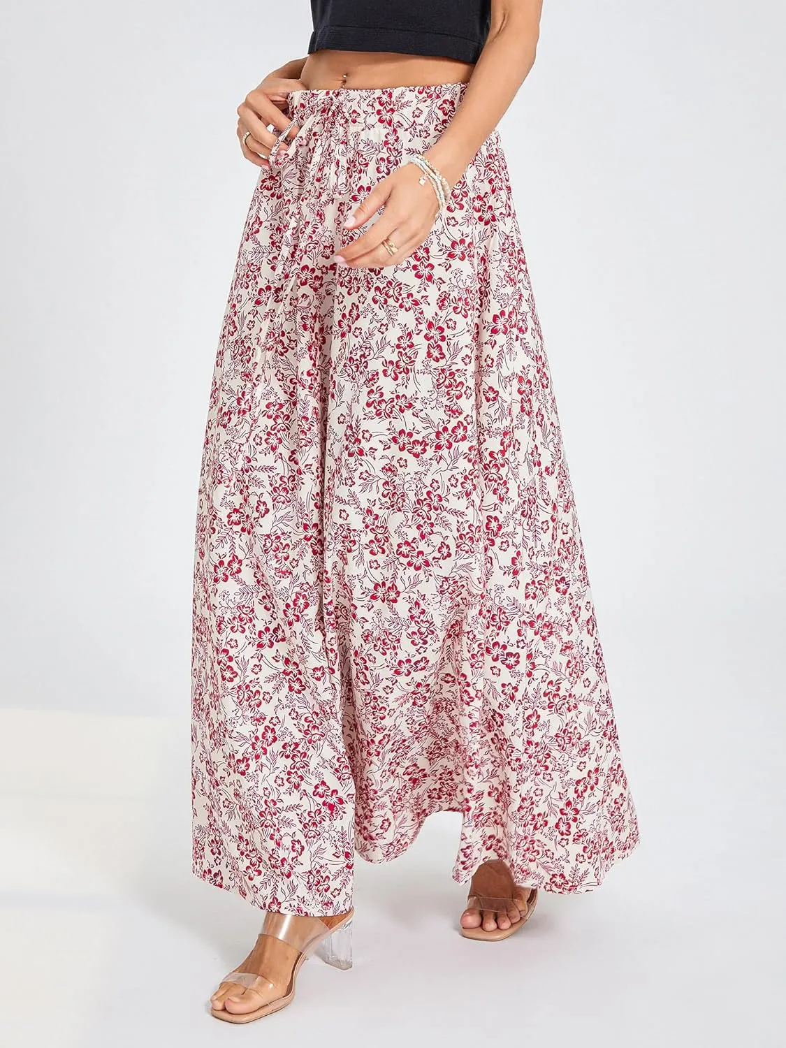 Women's Boho Flowy Maxi Skirt Summer Pleated High Waisted Casual Long Skirts with Pockets