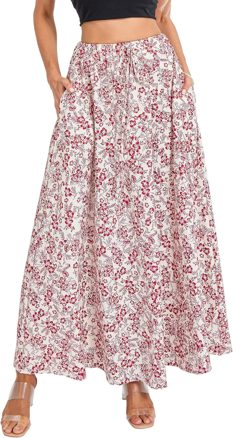 Women's Boho Flowy Maxi Skirt Summer Pleated High Waisted Casual Long Skirts with Pockets