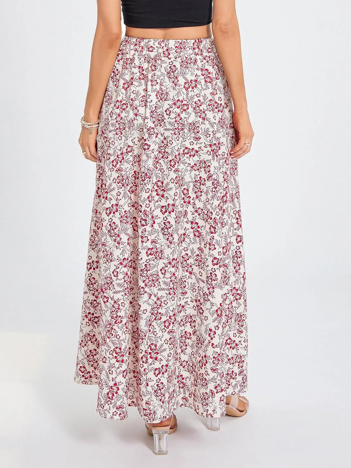 Women's Boho Flowy Maxi Skirt Summer Pleated High Waisted Casual Long Skirts with Pockets
