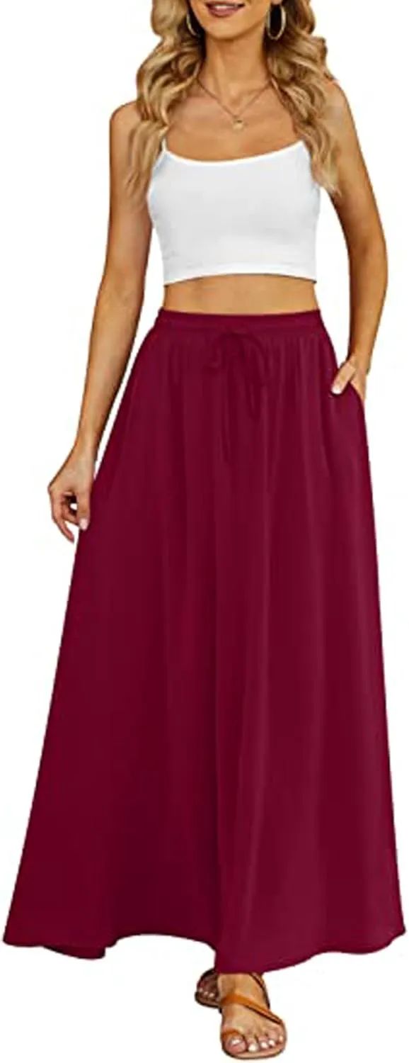 Women's Boho Flowy Maxi Skirt Summer Pleated High Waisted Casual Long Skirts with Pockets