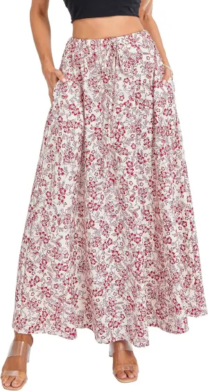 Women's Boho Flowy Maxi Skirt Summer Pleated High Waisted Casual Long Skirts with Pockets