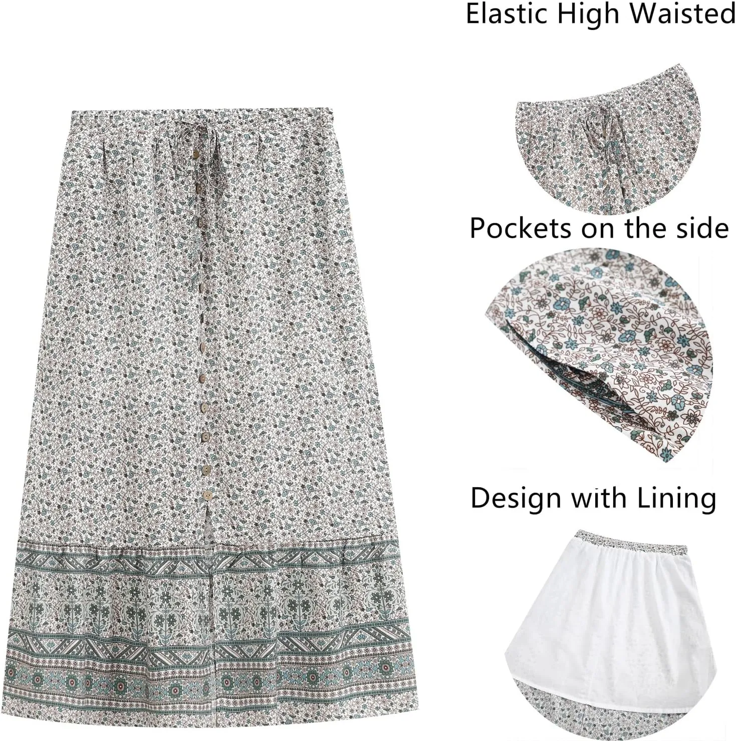 Women's Boho Maxi Skirt Vintage Floral Print Elastic High Waist Split A Line Long Skirts