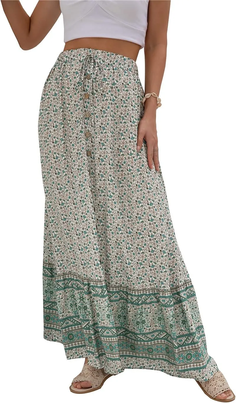 Women's Boho Maxi Skirt Vintage Floral Print Elastic High Waist Split A Line Long Skirts