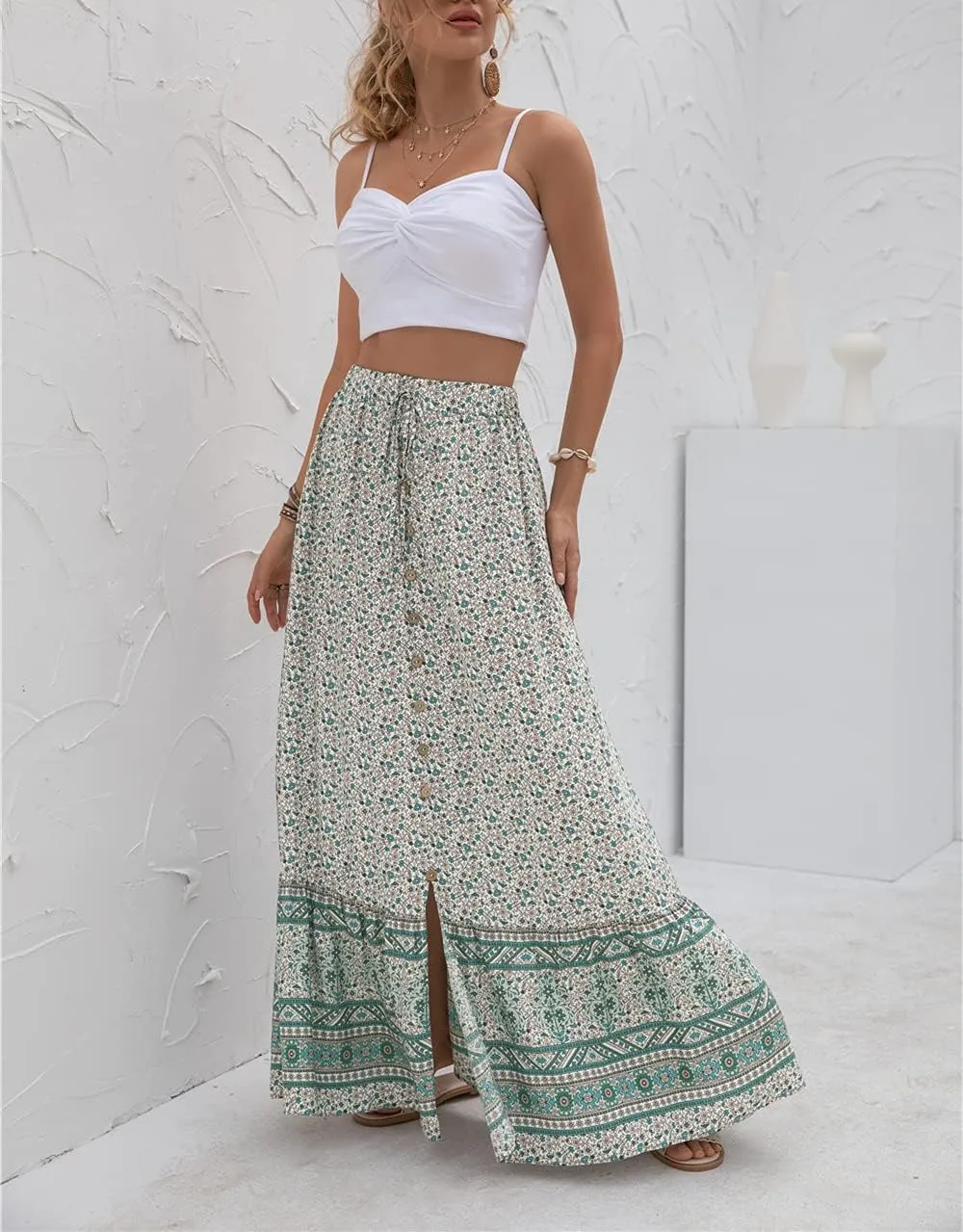 Women's Boho Maxi Skirt Vintage Floral Print Elastic High Waist Split A Line Long Skirts