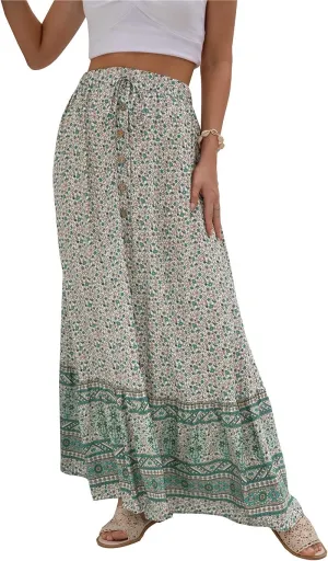 Women's Boho Maxi Skirt Vintage Floral Print Elastic High Waist Split A Line Long Skirts