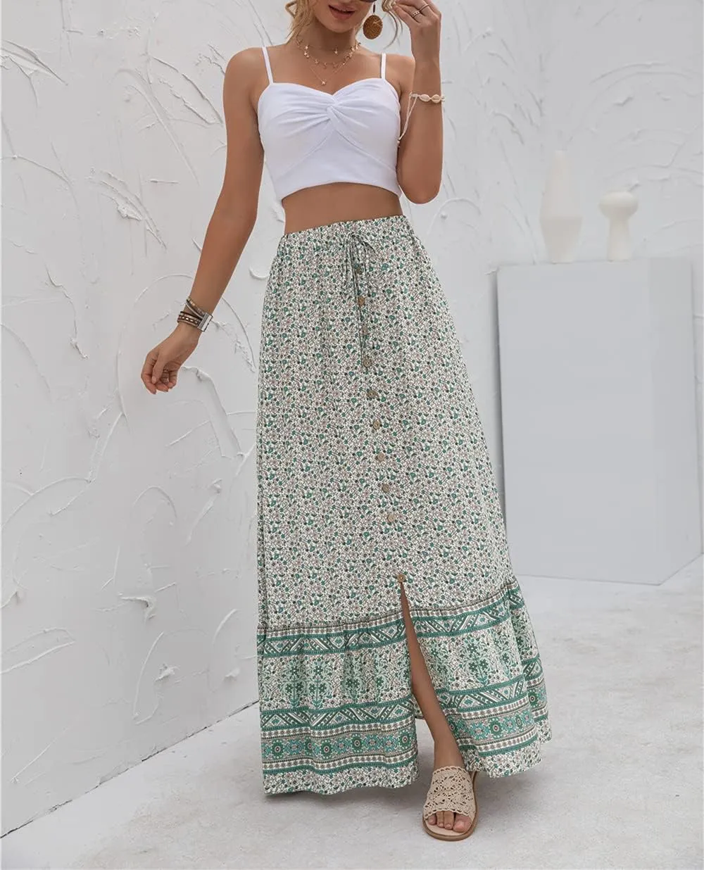 Women's Boho Maxi Skirt Vintage Floral Print Elastic High Waist Split A Line Long Skirts