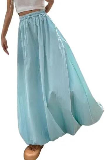 Women's Bubble Maxi Skirt Casual High Elastic Waist A Line Pleated Midi Skirt Summer Solid Color Lantern Skirt with Pockets