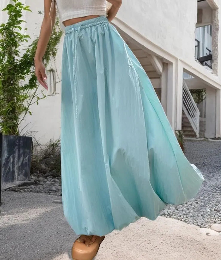 Women's Bubble Maxi Skirt Casual High Elastic Waist A Line Pleated Midi Skirt Summer Solid Color Lantern Skirt with Pockets