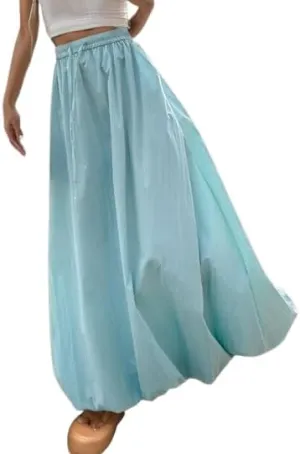 Women's Bubble Maxi Skirt Casual High Elastic Waist A Line Pleated Midi Skirt Summer Solid Color Lantern Skirt with Pockets