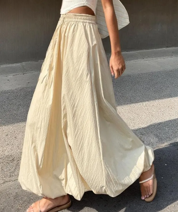 Women's Bubble Maxi Skirt Casual High Elastic Waist A Line Pleated Midi Skirt Summer Solid Color Lantern Skirt with Pockets