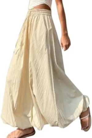 Women's Bubble Maxi Skirt Casual High Elastic Waist A Line Pleated Midi Skirt Summer Solid Color Lantern Skirt with Pockets