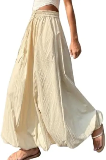 Women's Bubble Maxi Skirt Casual High Elastic Waist A Line Pleated Midi Skirt Summer Solid Color Lantern Skirt with Pockets