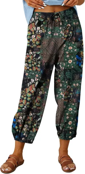 Women's Capri Pants High Waist Drawstring Cinch Bottom with Button Cotton Loose Casual Trouser with Pockets