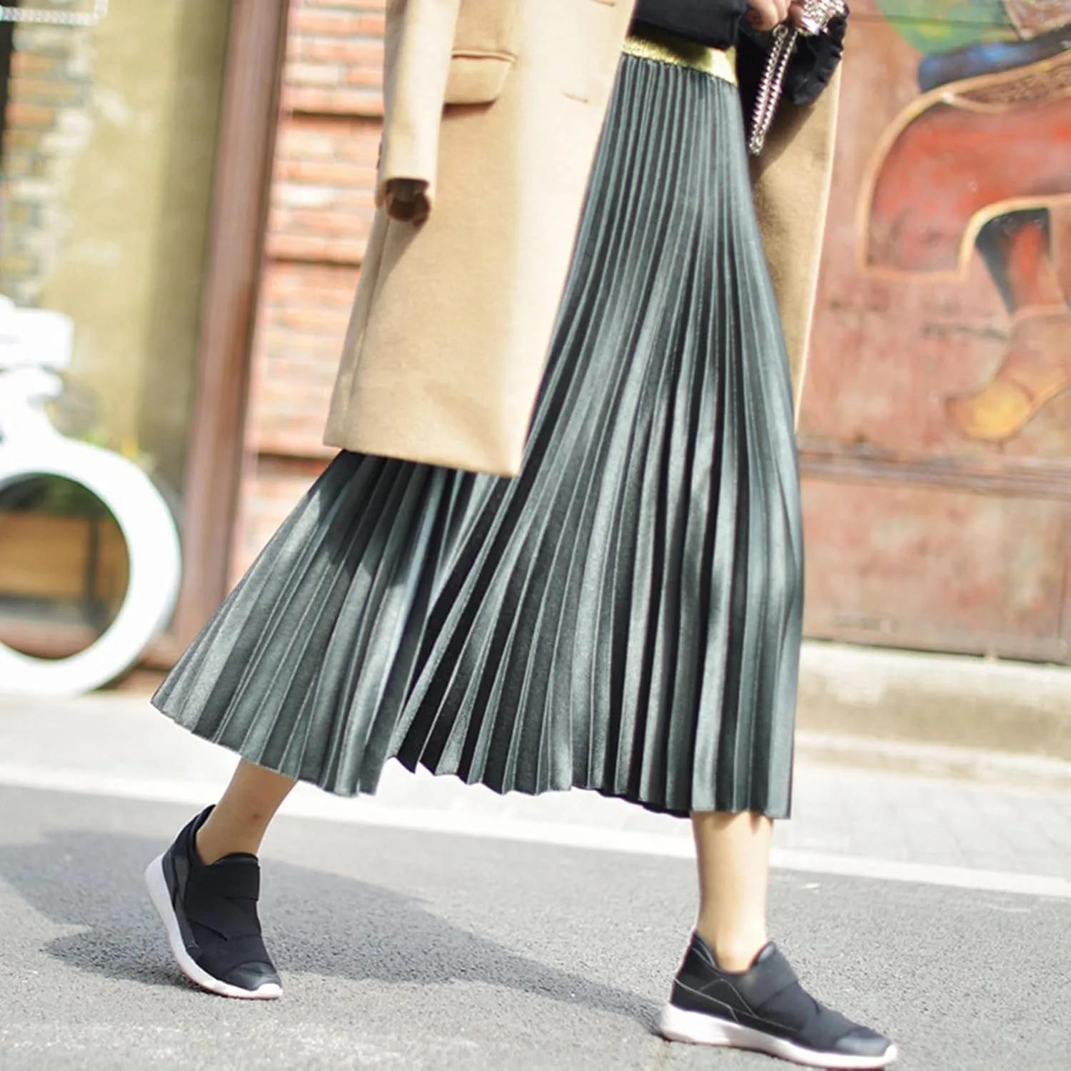 Womens Casual Elastic Waist Metallic Pleated Accordion Midi Long Skirts