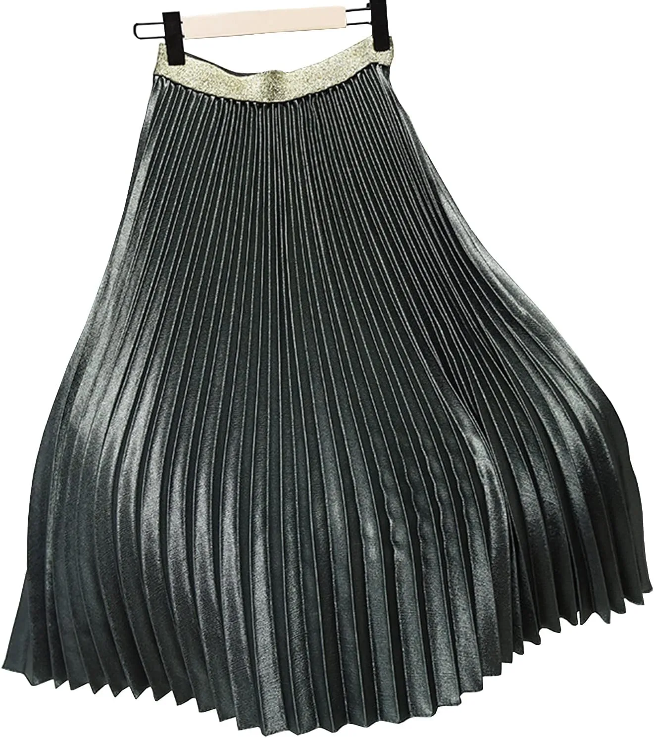 Womens Casual Elastic Waist Metallic Pleated Accordion Midi Long Skirts