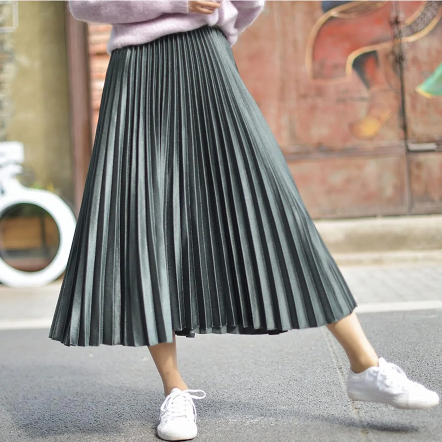 Womens Casual Elastic Waist Metallic Pleated Accordion Midi Long Skirts
