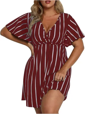Womens Casual Sun Summer Dresses Plus Size Wrap V Neck Ruffle Hem A Line Short Dress Striped Print Short Sleeve Dress
