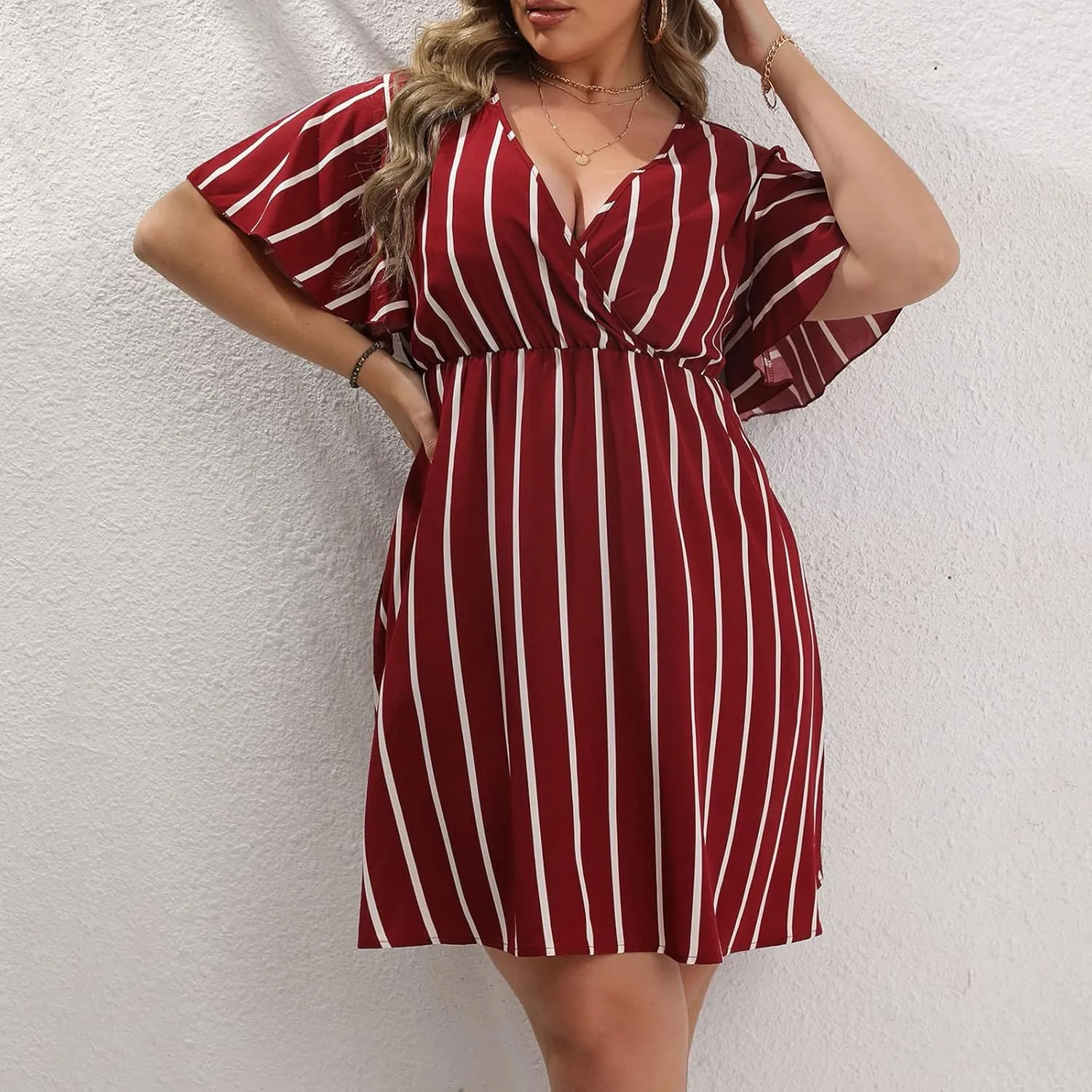 Womens Casual Sun Summer Dresses Plus Size Wrap V Neck Ruffle Hem A Line Short Dress Striped Print Short Sleeve Dress