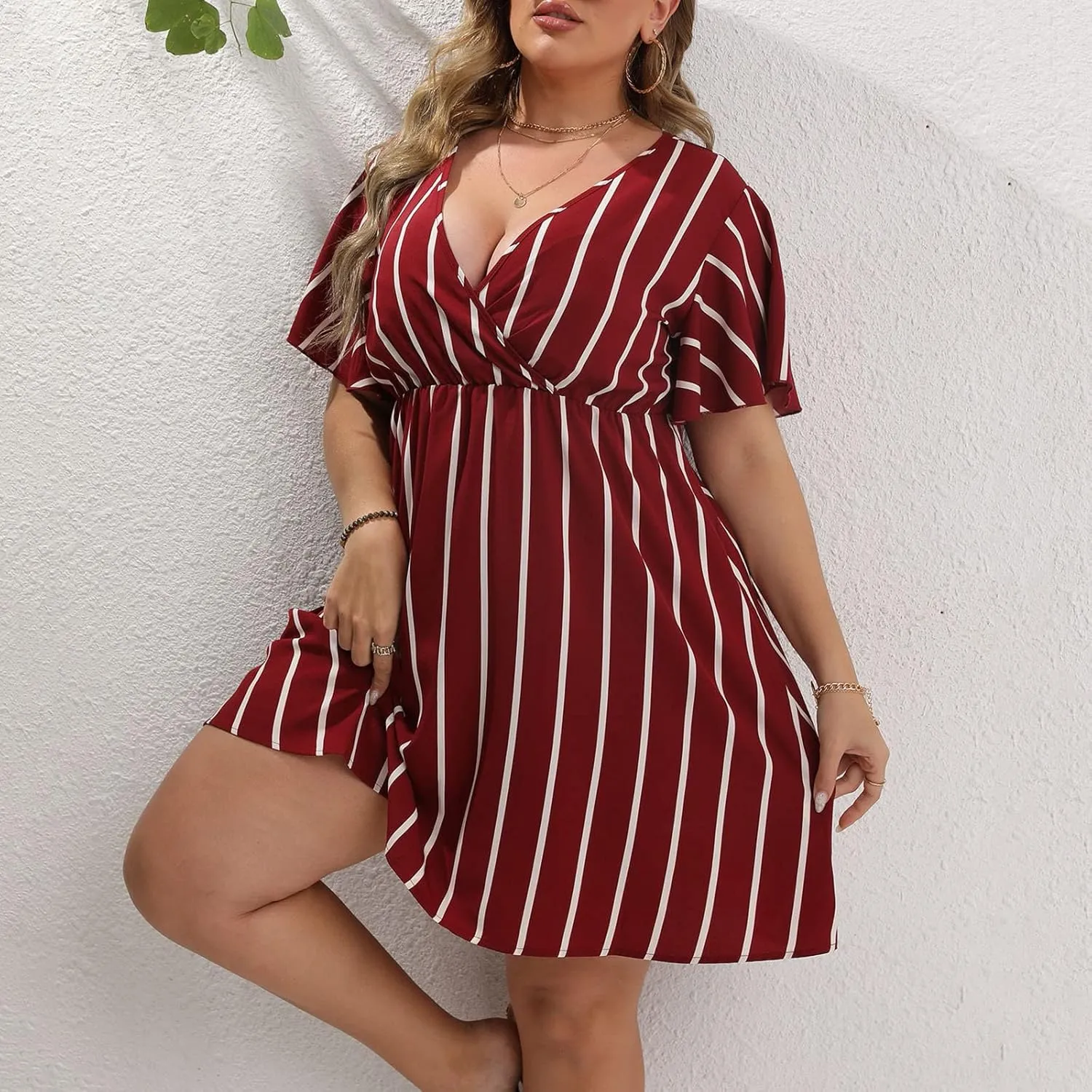 Womens Casual Sun Summer Dresses Plus Size Wrap V Neck Ruffle Hem A Line Short Dress Striped Print Short Sleeve Dress