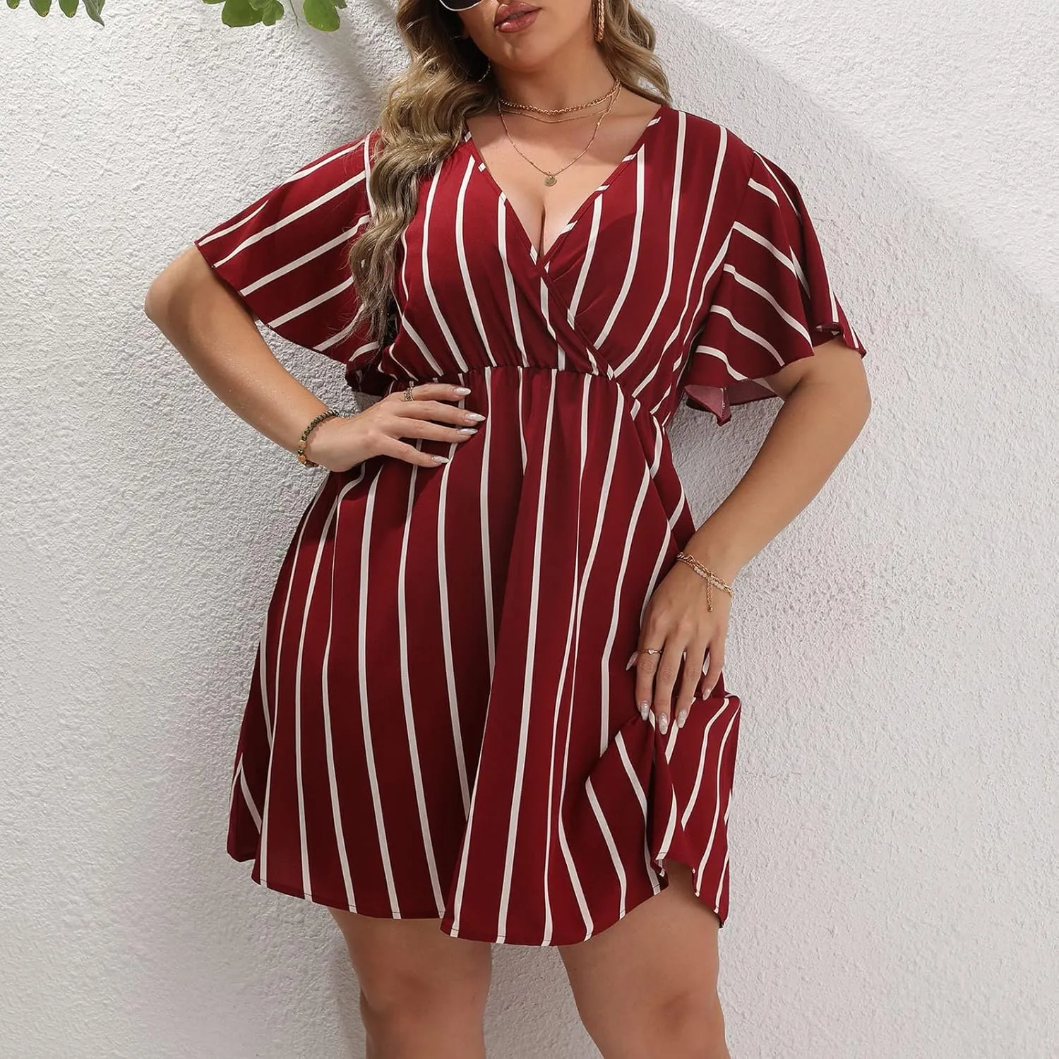 Womens Casual Sun Summer Dresses Plus Size Wrap V Neck Ruffle Hem A Line Short Dress Striped Print Short Sleeve Dress