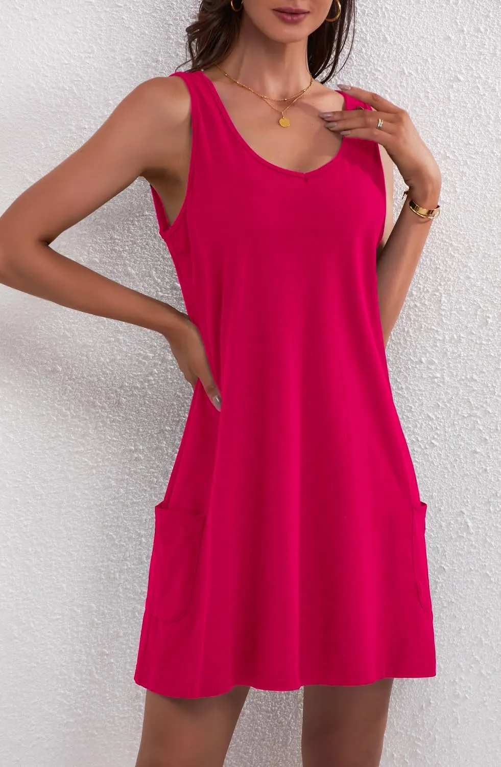 Women's Casual Sundress with Pockets Summer Boho Beach Dress V Neck Loose Tank Dresses Cute Floral T Shirt Dress