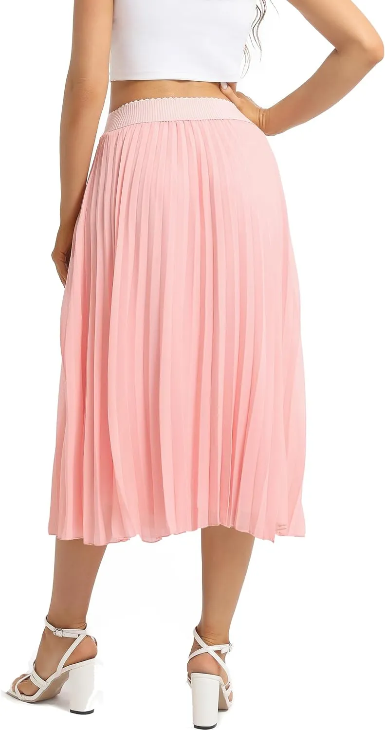 Womens Chiffon High Waist Skirt Pleated A-Line Swing Elastic Shirring Midi Length