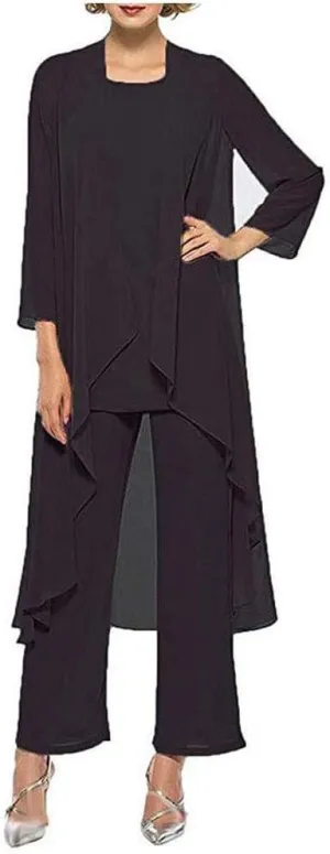Women's Chiffon Pants Suits 3 Pieces Mother of The Bride Wedding Party Outfit Evening Dress