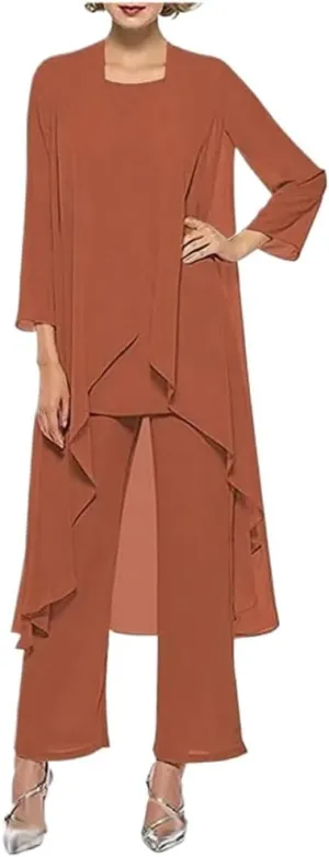 Women's Chiffon Pants Suits 3 Pieces Mother of The Bride Wedding Party Outfit Evening Dress