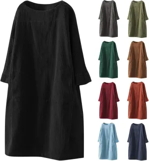 Womens Corduroy Vintage Long Sleeve Dress Oversize Tunic Dress Casual Loose Fit Dress Plus Size Mini Dress with Pocket