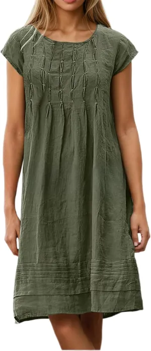 Women's Cotten Linen Summer Shirt Dress Casual Cap Sleeve Crewneck Pleated A Line Swing Beach Midi Sundress