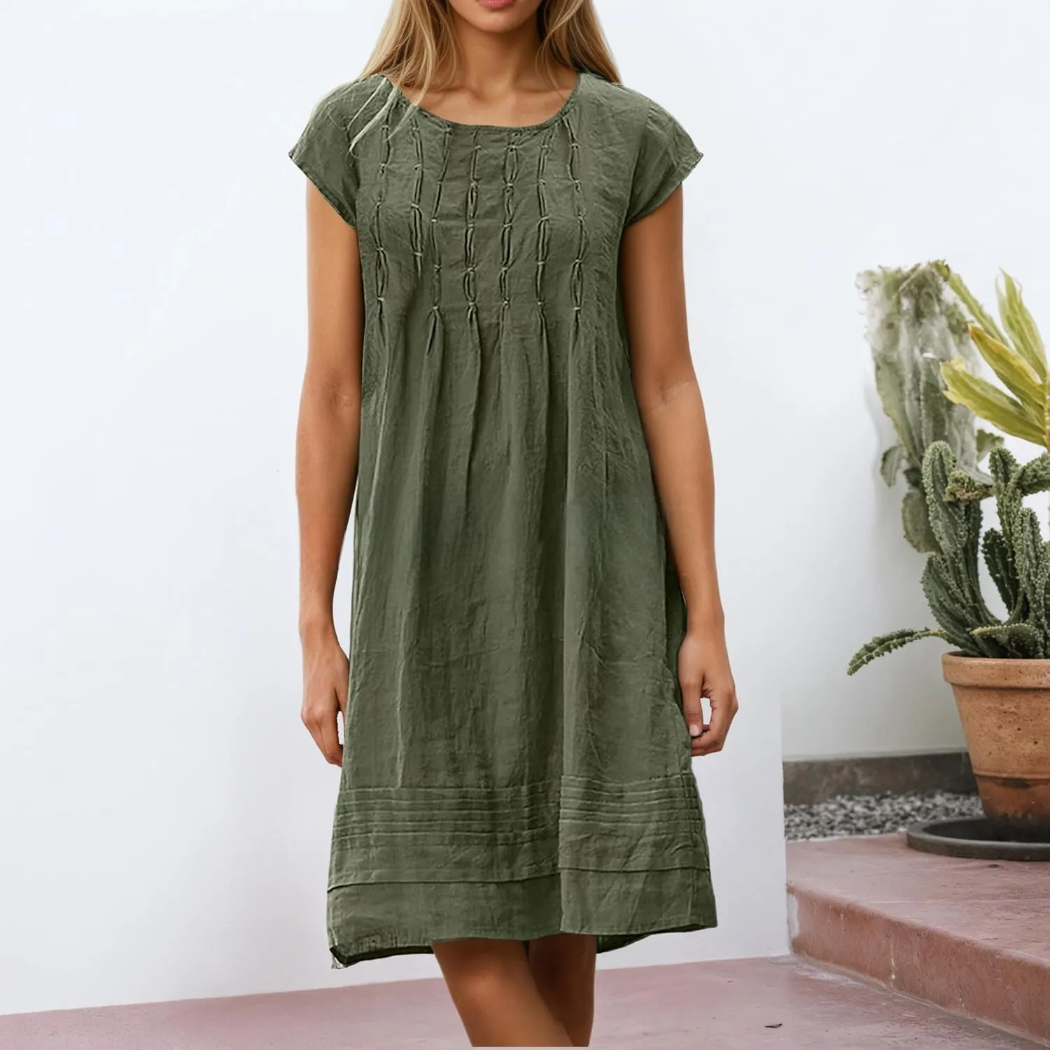 Women's Cotten Linen Summer Shirt Dress Casual Cap Sleeve Crewneck Pleated A Line Swing Beach Midi Sundress