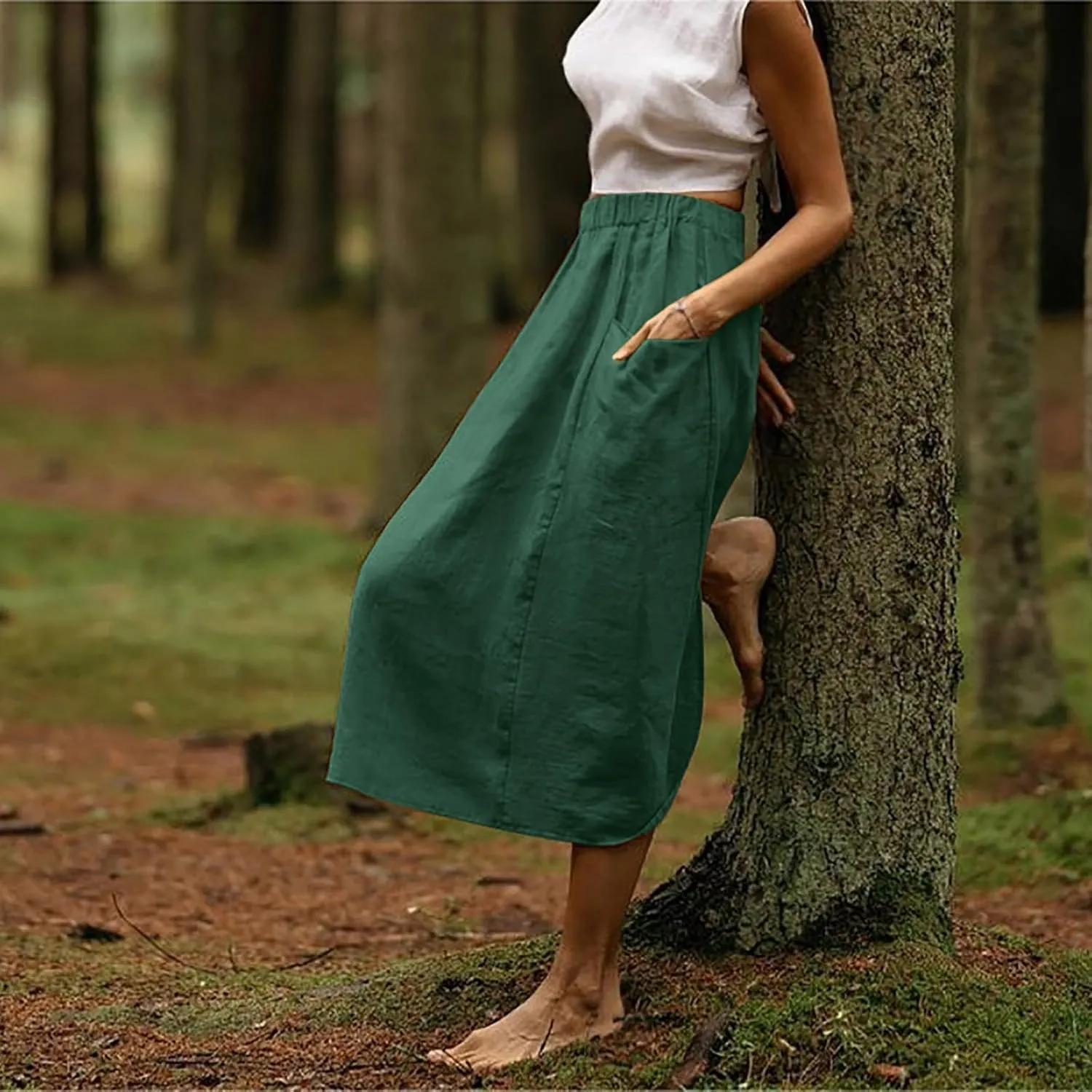 Women's Cotton Linen Skirts Casual Loose Fit Solid Color Elastic High Waisted Flare A-Line Midi Skirts with Pockets