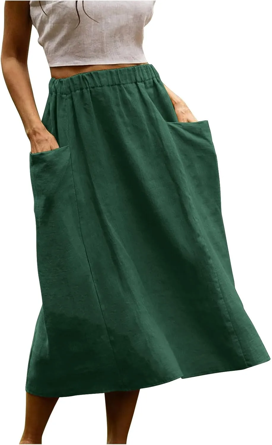 Women's Cotton Linen Skirts Casual Loose Fit Solid Color Elastic High Waisted Flare A-Line Midi Skirts with Pockets