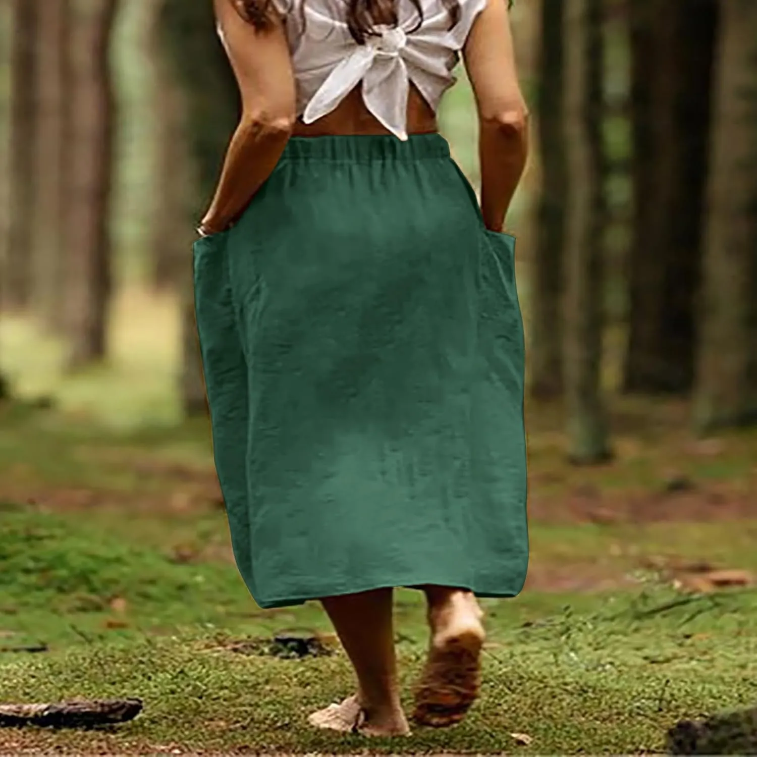 Women's Cotton Linen Skirts Casual Loose Fit Solid Color Elastic High Waisted Flare A-Line Midi Skirts with Pockets