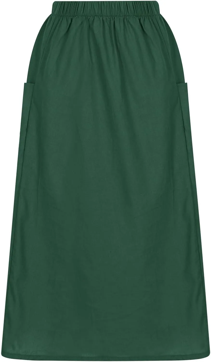 Women's Cotton Linen Skirts Casual Loose Fit Solid Color Elastic High Waisted Flare A-Line Midi Skirts with Pockets