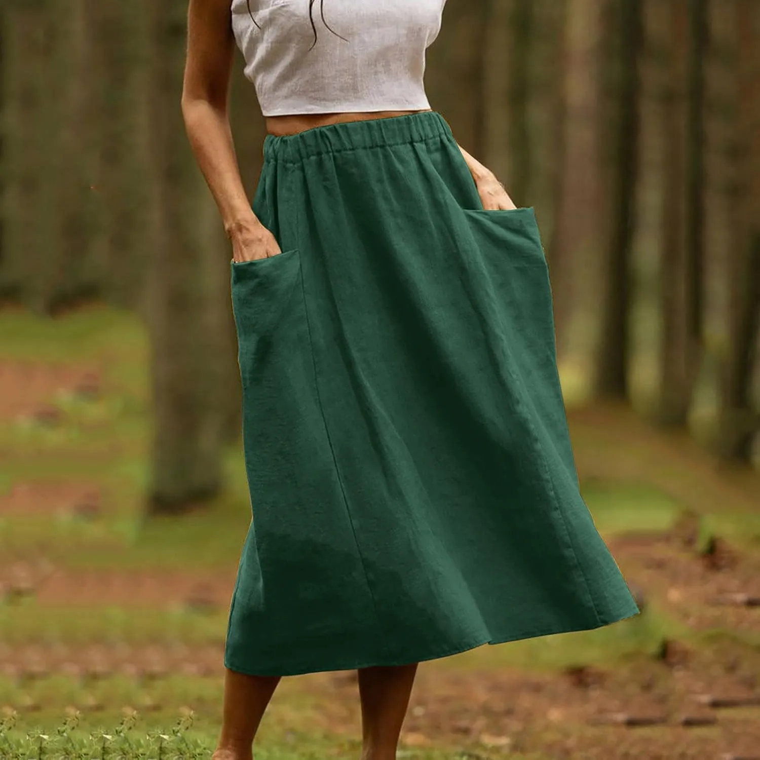 Women's Cotton Linen Skirts Casual Loose Fit Solid Color Elastic High Waisted Flare A-Line Midi Skirts with Pockets