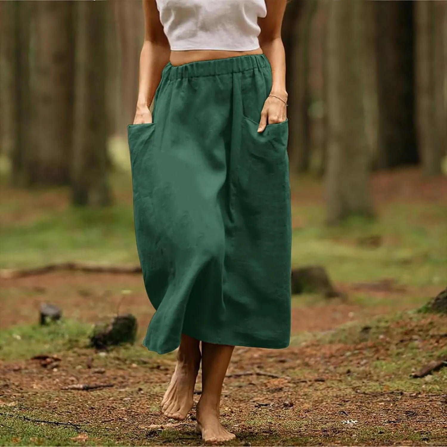 Women's Cotton Linen Skirts Casual Loose Fit Solid Color Elastic High Waisted Flare A-Line Midi Skirts with Pockets