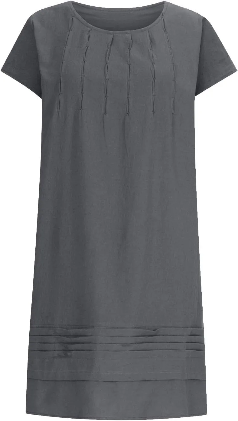 Women's Cotton Linen Summer Dresses 2024 Sleeveless Pleated Dress Casual Knee Length Dress Comfy Summer Lounge Outfits