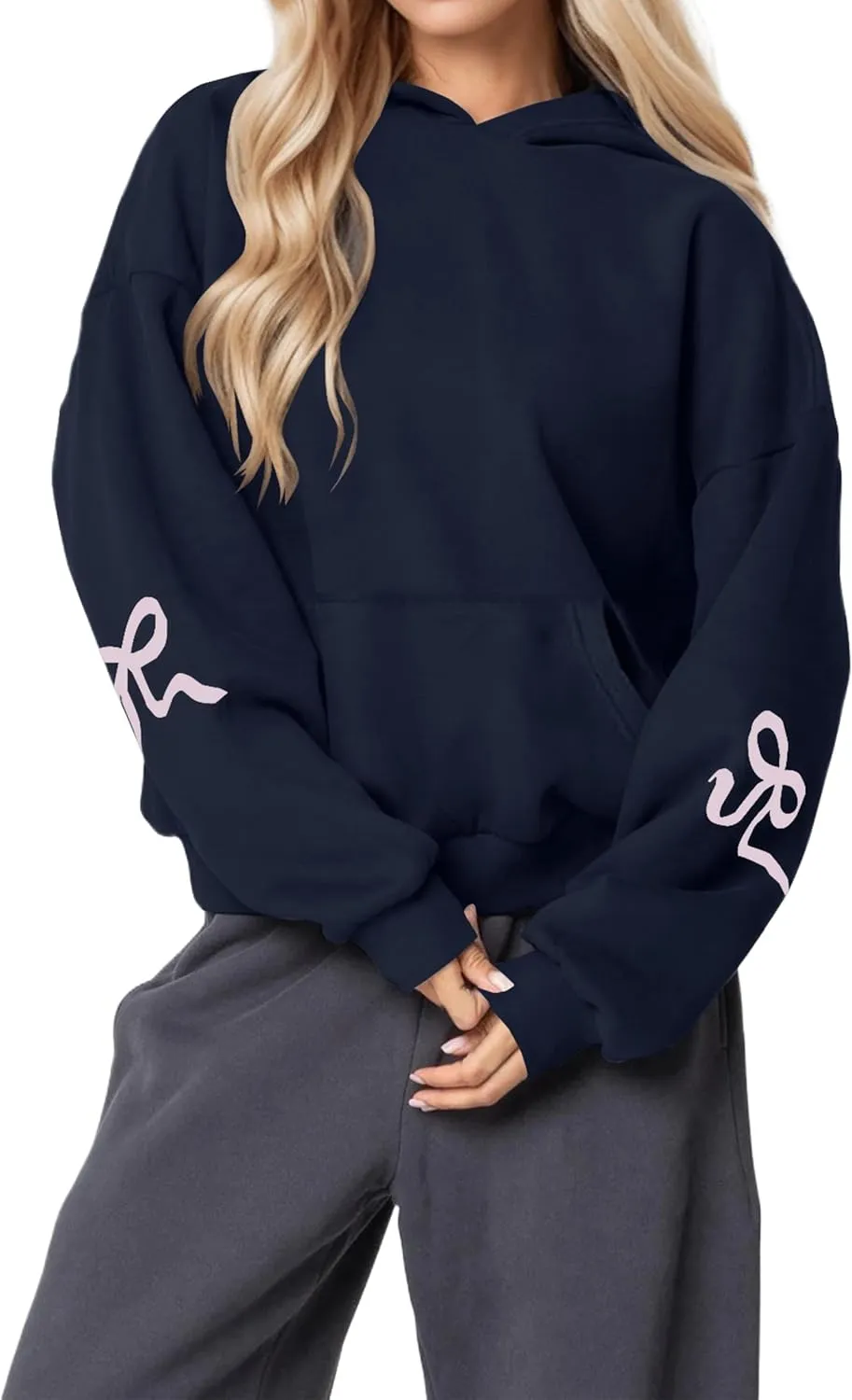 Womens Cute Bow Graphic Hoodies Oversized Bow Sweatshirt Preppy Fleece Hoodies Pullover With Kangaroo Pocket