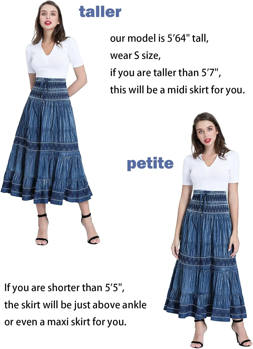 Women's Denim Boho Maxi Skirts Elastic High Waist Ruffle Tied A Line Flowy Long Jeans Skirts
