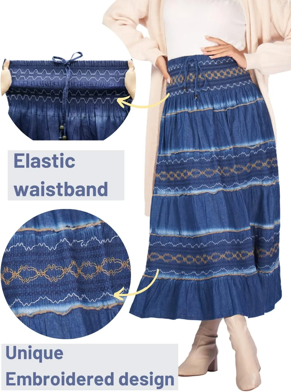 Women's Denim Boho Maxi Skirts Elastic High Waist Ruffle Tied A Line Flowy Long Jeans Skirts